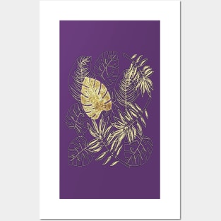 Tropical Leaves with Gold Monstera (Ultra Violet) Posters and Art